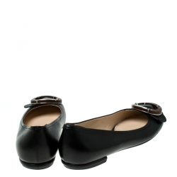 Pre Owned Prada Black Leather Wood Buckle Ballet Flats Size 38