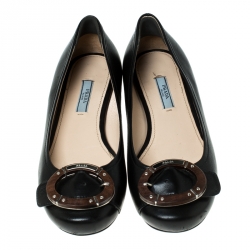 Pre Owned Prada Black Leather Wood Buckle Ballet Flats Size 38