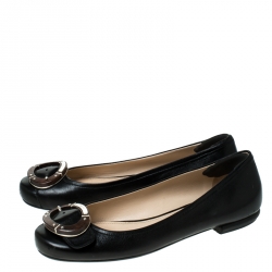 Pre Owned Prada Black Leather Wood Buckle Ballet Flats Size 38