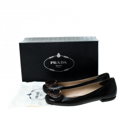 Pre Owned Prada Black Leather Wood Buckle Ballet Flats Size 38