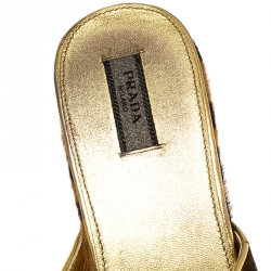 Pre Owned Prada Green/Brown Cutout Velvet and Calfhair Peep Toe Wedge Sandals Size 39.5