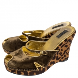 Pre Owned Prada Green/Brown Cutout Velvet and Calfhair Peep Toe Wedge Sandals Size 39.5