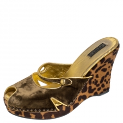 Pre Owned Prada Green/Brown Cutout Velvet and Calfhair Peep Toe Wedge Sandals Size 39.5