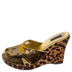 Pre Owned Prada Green/Brown Cutout Velvet and Calfhair Peep Toe Wedge Sandals Size 39.5