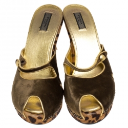 Pre Owned Prada Green/Brown Cutout Velvet and Calfhair Peep Toe Wedge Sandals Size 39.5