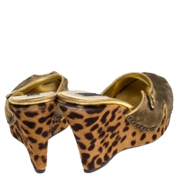 Pre Owned Prada Green/Brown Cutout Velvet and Calfhair Peep Toe Wedge Sandals Size 39.5