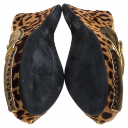 Pre Owned Prada Green/Brown Cutout Velvet and Calfhair Peep Toe Wedge Sandals Size 39.5