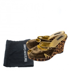 Pre Owned Prada Green/Brown Cutout Velvet and Calfhair Peep Toe Wedge Sandals Size 39.5