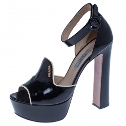 Prada Black Patent Leather Ankle Strap Platform Sandals Size 37
