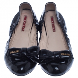 Pre Owned Prada Black Patent Leather Bow Scrunch Ballet Flats Size 39