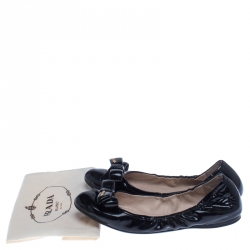 Pre Owned Prada Black Patent Leather Bow Scrunch Ballet Flats Size 39
