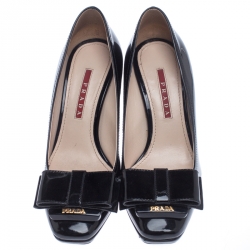 Pre Owned Prada Black Patent Leather Bow Detail Block Heel Pumps Size 36