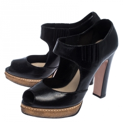 Prada Black Cut Out Leather Elastic Platform Sandals Size 38