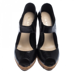 Prada Black Cut Out Leather Elastic Platform Sandals Size 38