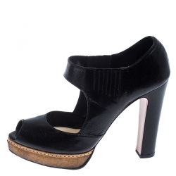 Prada Black Cut Out Leather Elastic Platform Sandals Size 38