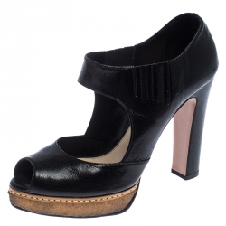 Prada Black Cut Out Leather Elastic Platform Sandals Size 38