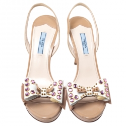 Pre Owned Prada Beige Patent Leather Crystal Studded Bow Slingback Sandals Size 38