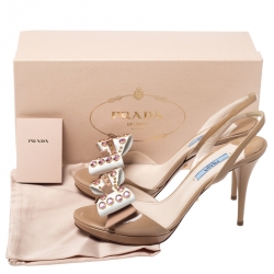 Pre Owned Prada Beige Patent Leather Crystal Studded Bow Slingback Sandals Size 38