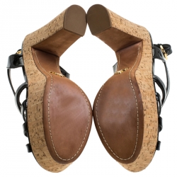 Pre Owned Prada Black Patent Leather Peep Toe Strappy Cork Platform Sandals Size 39.5