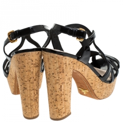 Pre Owned Prada Black Patent Leather Peep Toe Strappy Cork Platform Sandals Size 39.5