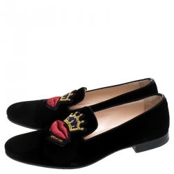 Pre Owned Prada Black Crown Lip Embroidered Velvet Loafers Size 38.5