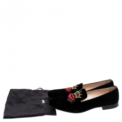 Pre Owned Prada Black Crown Lip Embroidered Velvet Loafers Size 38.5