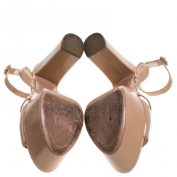 Prada Beige Patent Saffiano Leather Ankle Strap Block Heel Platform Sandals Size 40