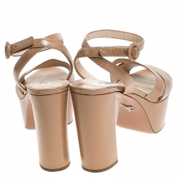 Prada Beige Patent Saffiano Leather Ankle Strap Block Heel Platform Sandals Size 40