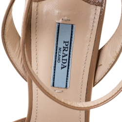 Prada Beige Patent Saffiano Leather Ankle Strap Block Heel Platform Sandals Size 40