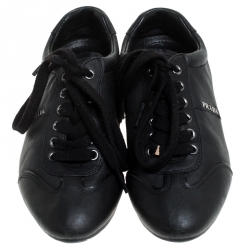 Pre Owned Prada Black Leather Lace Up Sneakers Size 36.5
