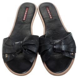 Pre Owned Prada Black Leather Bow Flat Slides Size 39