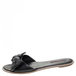 Pre Owned Prada Black Leather Bow Flat Slides Size 39