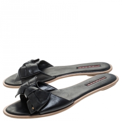 Pre Owned Prada Black Leather Bow Flat Slides Size 39