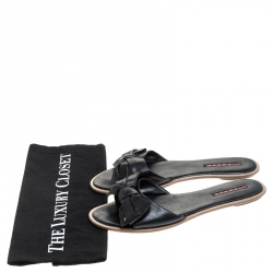 Pre Owned Prada Black Leather Bow Flat Slides Size 39