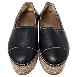 Pre Owned Prada Black Leather Espadrille Platform Loafers Size 37