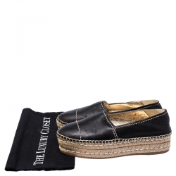 Pre Owned Prada Black Leather Espadrille Platform Loafers Size 37