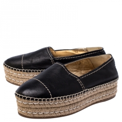 Pre Owned Prada Black Leather Espadrille Platform Loafers Size 37
