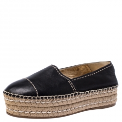 Pre Owned Prada Black Leather Espadrille Platform Loafers Size 37