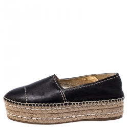 Pre Owned Prada Black Leather Espadrille Platform Loafers Size 37