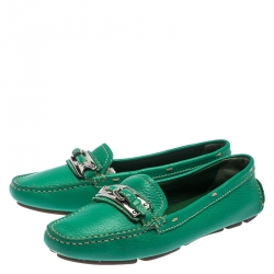 Pre Owned Prada Green Leather Buckle Detail Slip On Loafers Size 36.5