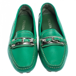 Pre Owned Prada Green Leather Buckle Detail Slip On Loafers Size 36.5
