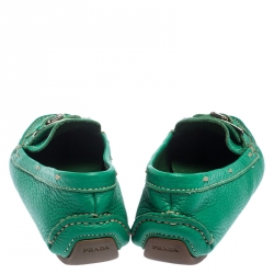 Pre Owned Prada Green Leather Buckle Detail Slip On Loafers Size 36.5