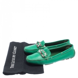 Pre Owned Prada Green Leather Buckle Detail Slip On Loafers Size 36.5