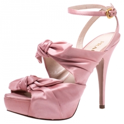 Pre Owned Prada Pink Satin Double Bow Tie Detail Peep Toe Platform Pumps Size 38.5