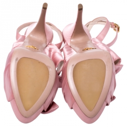 Pre Owned Prada Pink Satin Double Bow Tie Detail Peep Toe Platform Pumps Size 38.5