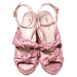 Pre Owned Prada Pink Satin Double Bow Tie Detail Peep Toe Platform Pumps Size 38.5