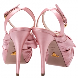 Pre Owned Prada Pink Satin Double Bow Tie Detail Peep Toe Platform Pumps Size 38.5