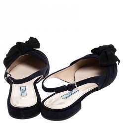 Pre Owned Prada Navy Blue Suede Bow Detail Slingback Flats Size 38