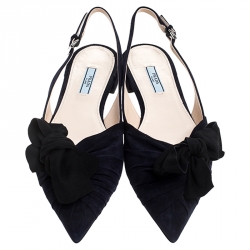 Pre Owned Prada Navy Blue Suede Bow Detail Slingback Flats Size 38