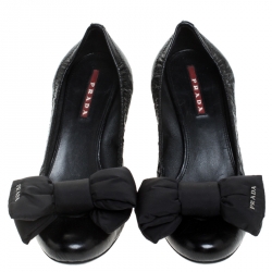 Pre Owned Prada Black Leather Bow Scrunch Pumps Size 36
